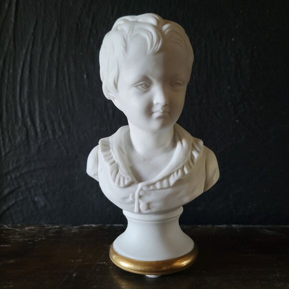 Vintage Lefton Bisque Porcelain Bust Of Boy With Gold Accent - Picture 3 of 8